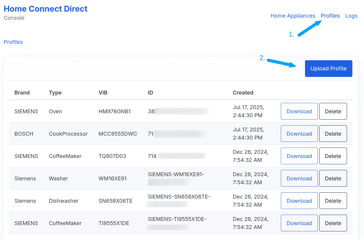 Home Connect Direct Console - Profile UI
